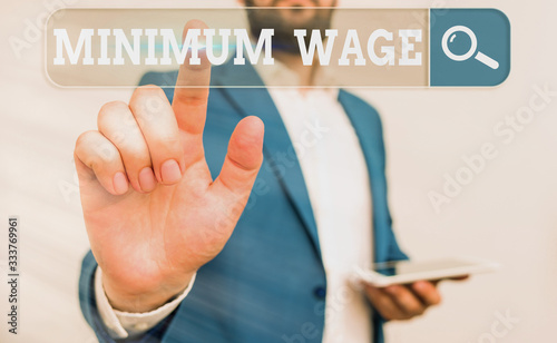 Word writing text Minimum Wage. Business photo showcasing the lowest wage permitted by law or by a special agreement photo