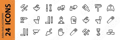 Set of construction icons, simple vector lines, contains the following icons: builder, roller, hammer with wrench, toilet bowl and much more. Editable stroke. 48x48 pixels perfect, white background