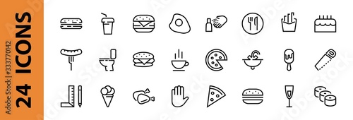 A simple set of fast food icons related to the vector line. Contains icons such as pizza, burger, sushi, bike, scrambled eggs and more. EDITABLE stroke. 480x480 pixels perfect, EPS 10