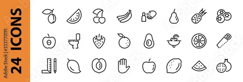 Fruit Icon Set, Vector lines, Contains icons such as apple, banana, cherry, lemon, watermelon, Avocado Editable stroke, 48x48 pixels, White background, eps 10