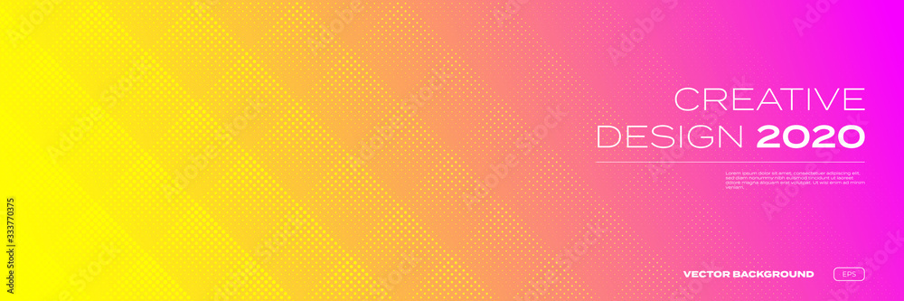 Color gradient background, halftone pattern, vector abstract trendy geometric graphic design. Simple minimal square and dots halftone yellow and pink red color gradient pattern background - obrazy, fototapety, plakaty 
