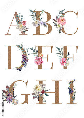 Watercolor Floral Alphabet Isolated Set 1