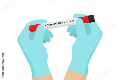 Coronavirus test tube in hands. Medical gloves. Blood Sample. Flat vector illustration