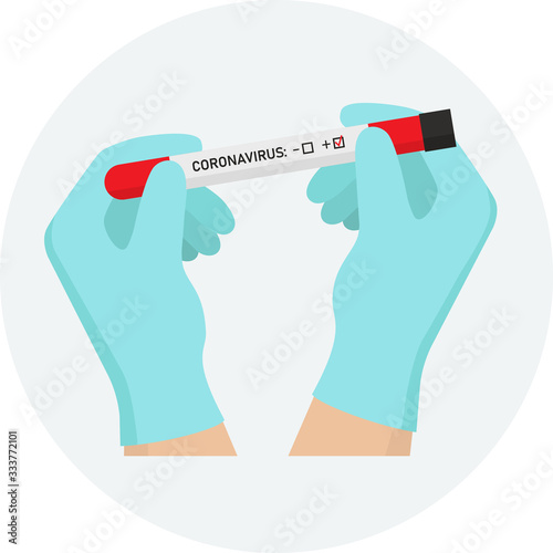 Coronavirus test tube in hands. Medical gloves. Blood Sample. Flat vector illustration