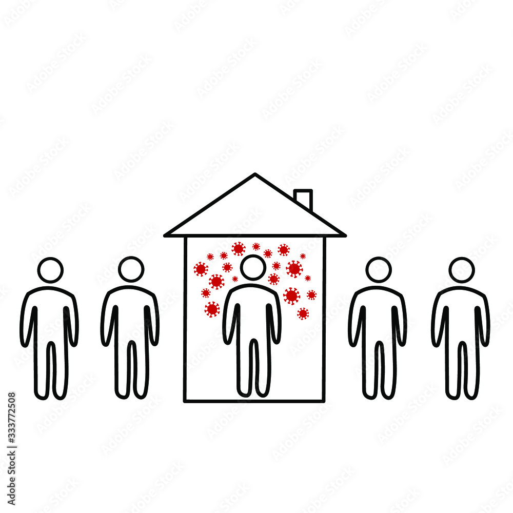 Coronavirus infected man covid-19 2019-ncov at home in quarantine and other people around. Social distance, self isolation in home. Simple vector illustration of coronavirus 2019-ncov covid-19 Coronavirus infected man covid-19 2019-ncov at home in quarantine and other people around. Social distance, self isolation in home. Simple vector illustration of coronavirus 2019-ncov covid-19