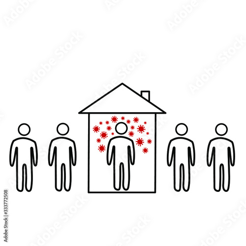  Coronavirus infected man covid-19 2019-ncov at home in quarantine and other people around. Social distance, self isolation in home. Simple vector illustration of coronavirus 2019-ncov covid-19