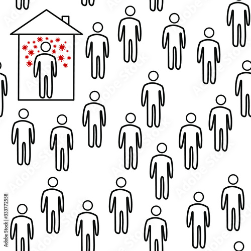 Coronavirus infected man covid-19 2019-ncov at home in quarantine and other people around. Social distance, self isolation in home. Simple vector pattern illustration of coronavirus 