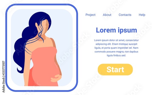 Flat Vector Starting Page Design Template for Trendy Online Project. Illustration with Copy Space for Your Text. Young Pregnant Brunette, Wearing Tender Pink Dress, Placing Her Hand on Her Stomach.