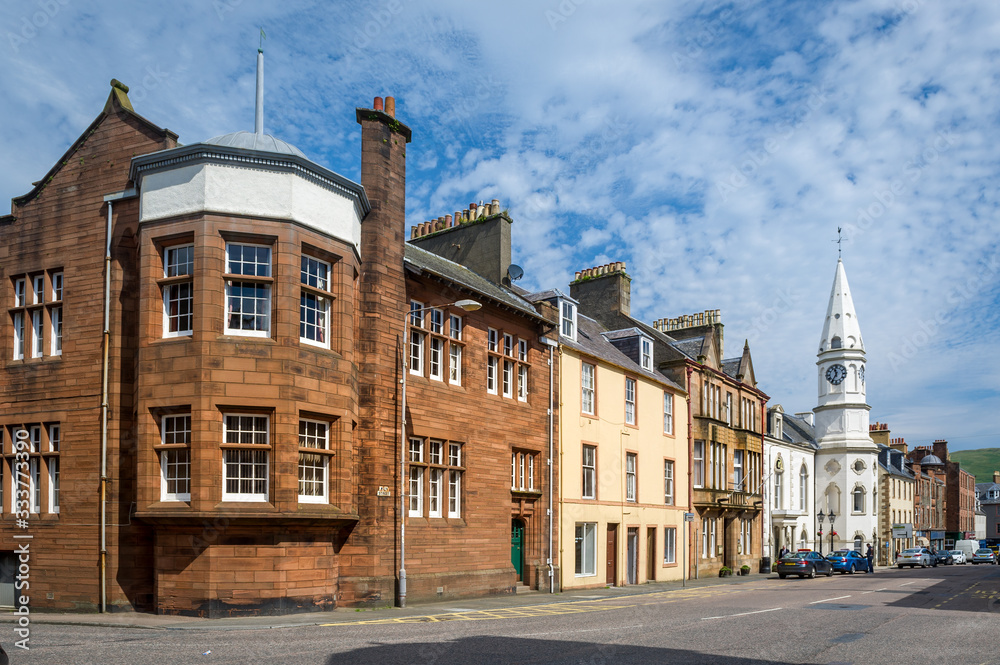 Campbeltown streets of old town. Hostorical buildings and clock tower cityscape. Scotland.