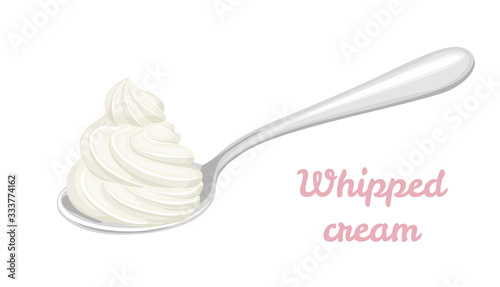 Whipped cream in spoon isolated on white background. Vector illustration of a sweet dessert in cartoon flat style.
