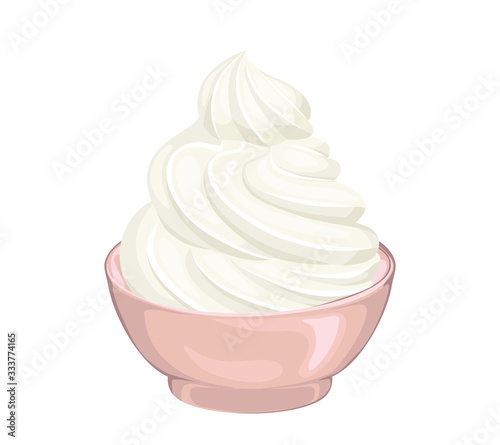 Whipped cream in bowl isolated on white background. Food icon. Vector illustration of sweet dairy dessert in cartoon flat style.