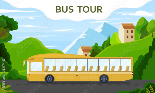 Bus tour concept. Vector illustration of empty modern yellow tour bus in country town with rolling green hills.