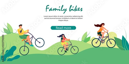 Parents and Daughter with Backpack Riding Bikes on Summer Time Nature Background. Sport, Healthy Lifestyle, Outdoors Bicycle Track Walking, Relax. Cartoon Flat Vector Illustration, Horizontal Banner