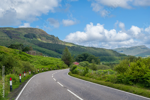 Serpentine road at Skye island highlands, Hebrides archipelago, Scotland.