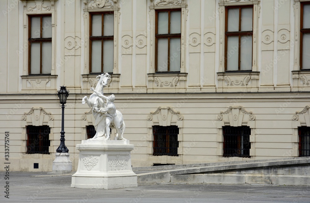 Belvedere Palace complex in Vienna. Austria. Located in Landstrasse, the third district of the city, southeast of the center. Sculptures of the Belvedere. Landmark of Vienna. Belvedere in the summer.
