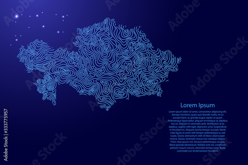 Kazakhstan map from blue isolines or level line geographic topographic map grid and glowing space stars. Vector illustration.