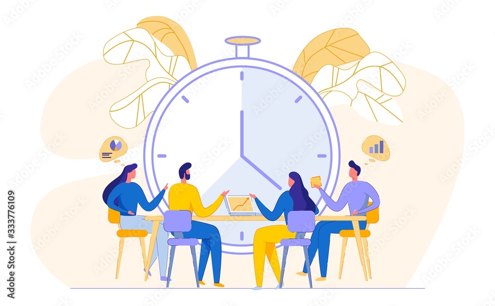 Time management. Task Discussion, Brainstorming. Flat Animated Characters sitting at Table Discussing Business Issues. Huge clock with hands. Hand Drawn Illustration. Banner for Site. Media Materials.