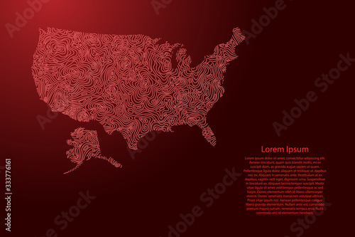 United States of America, USA map from red isolines or level line geographic topographic map grid. Vector illustration.