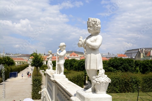 Belvedere Palace complex in Vienna. Austria. Located in Landstrasse, the third district of the city, southeast of the center. Sculptures of the Belvedere. Landmark of Vienna. Belvedere in the summer.