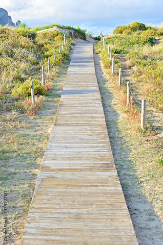 Straight wood path in the dunes of the beach on a sunny afternoon with white clouds on the horizon