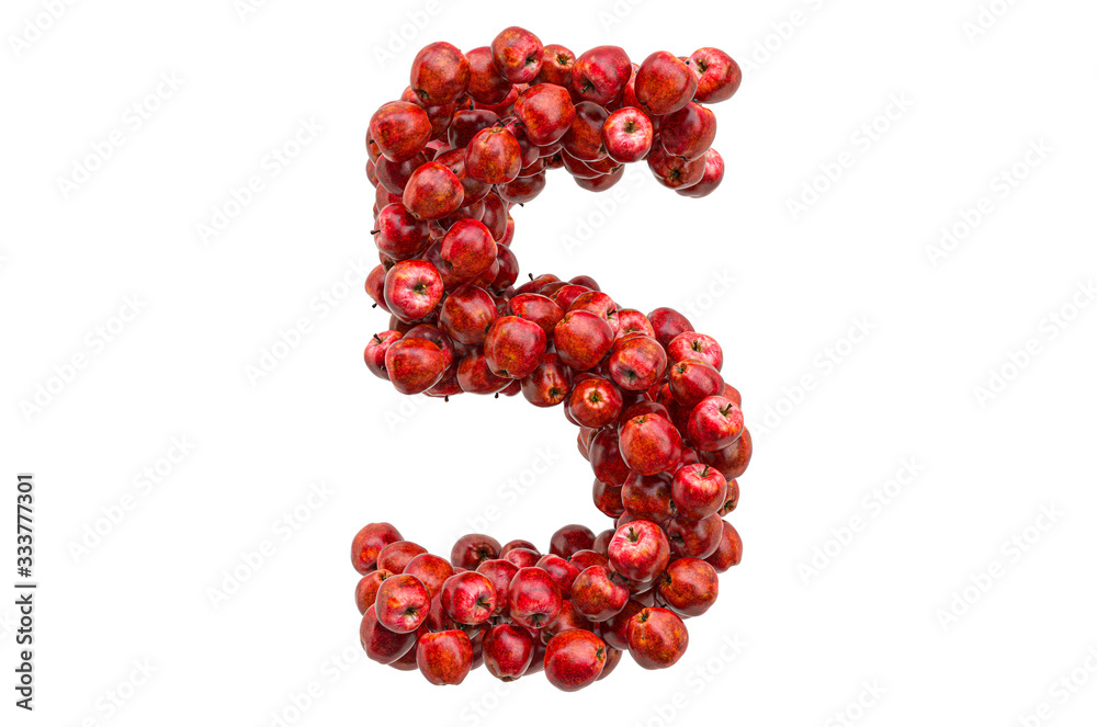 Number 5 from red apples, 3D rendering Number 5 from red apples, 3D rendering