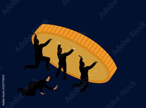 Fall of business in crisis, inflation problems. People trying to hold economic problems. People effort in crisis.