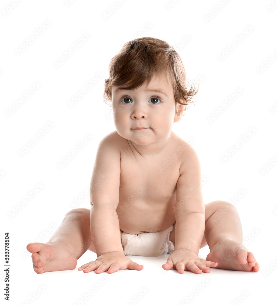 Cute little baby in diaper on white background Cute little baby in diaper on white background