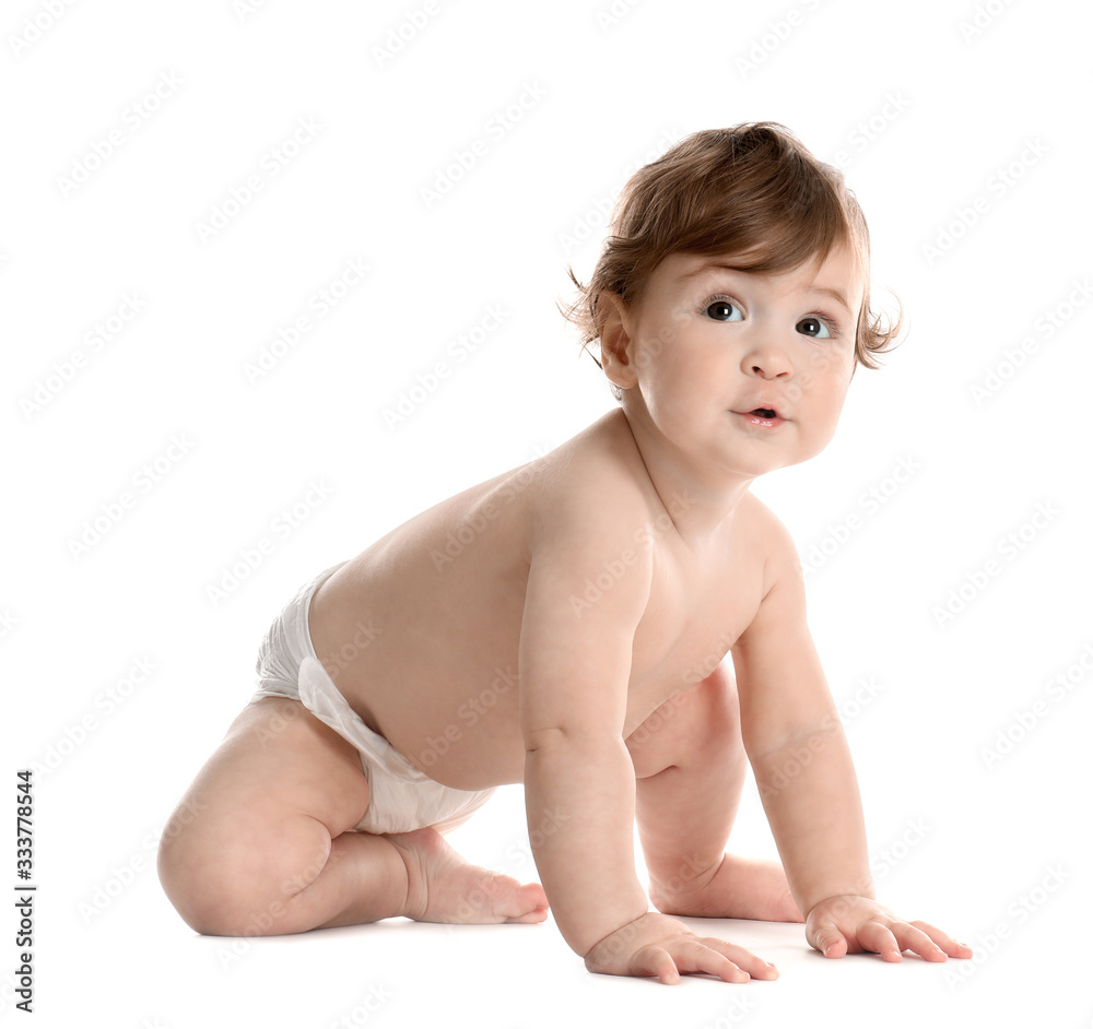Cute little baby in diaper on white background Cute little baby in diaper on white background