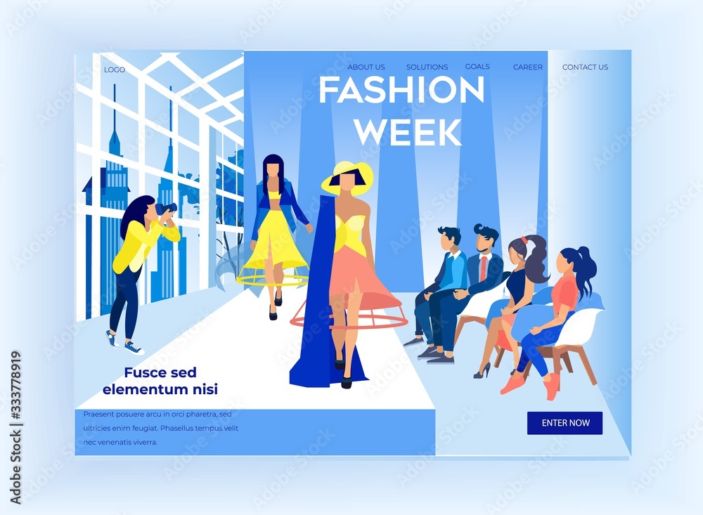 Fashion Week Horizontal Banner, Models Walking along Catwalk in Modern Interior with Podium, Huge Windows, Glass Roof. Outfit Designers Show, Dress Demonstration. Cartoon Flat Vector Illustration Fashion Week Horizontal Banner, Models Walking along Catwalk in Modern Interior with Podium, Huge Windows, Glass Roof. Outfit Designers Show, Dress Demonstration. Cartoon Flat Vector Illustration