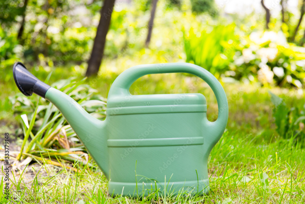 The device for watering flowers in the garden. Garden watering can on grass in the spring garden. The device for watering flowers in the garden. Garden watering can on grass in the spring garden.