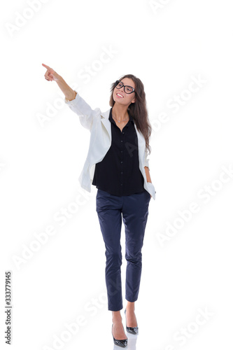 Business woman point finger at you looking at camera. Isolated on white background. Business woman
