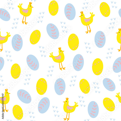 Mini easter eggs and chickens seamless pattern on a white background