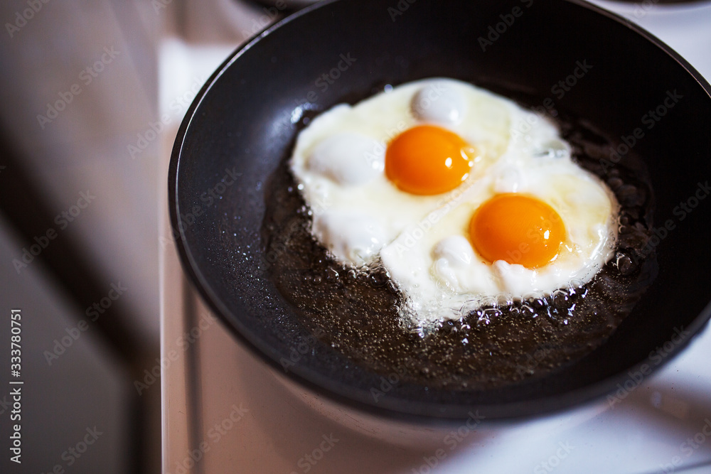 Close-up of two eggs cooking in a pan Close-up of two eggs cooking in a pan