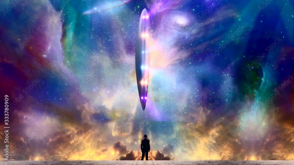 Man observes UFO in vivid sky. Colorful nebula Man observes UFO in vivid sky. Colorful nebula