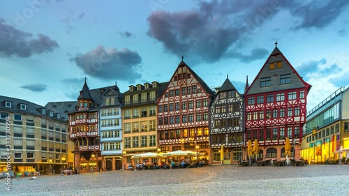 Frankfurt town hall at night time lapse, hyperlapse. The Römer is a medieval building in the Altstadt of Frankfurt am Main, Germany, and one of the city's most important landmarks. Romer Town Square.