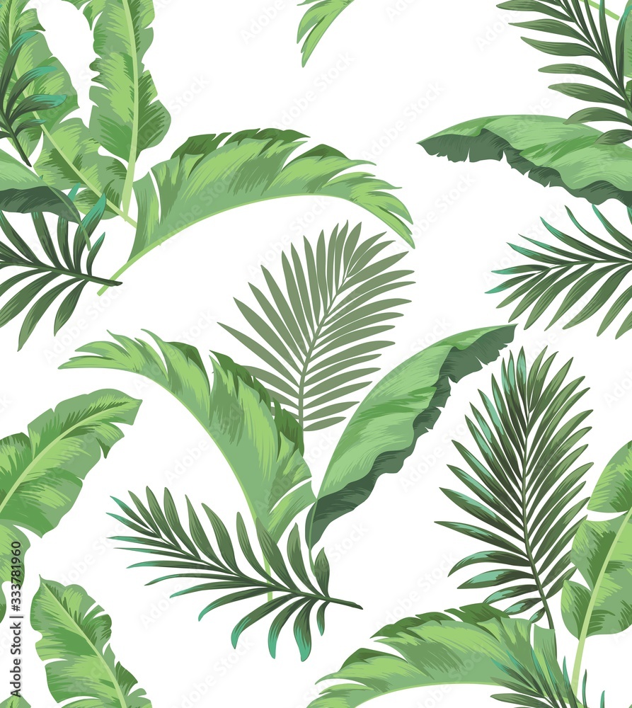 Jungle vector pattern with tropical leaves.Trendy summer print. Exotic seamless background.