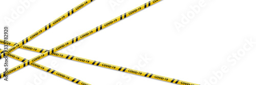 Vector realistic isolated quarantine caution tape with yellow and black stripes flyer for decoration on the white background. Concept of pandemic precaution.