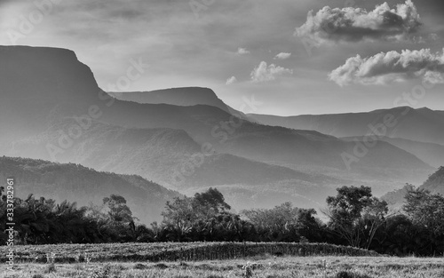 mountains in the fog