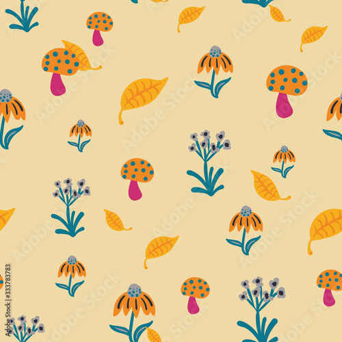 Toadstools, flowers and leaves seamless vector pattern. Yellow surface print design with simple illustrations. For fabrics, stationery and packaging.