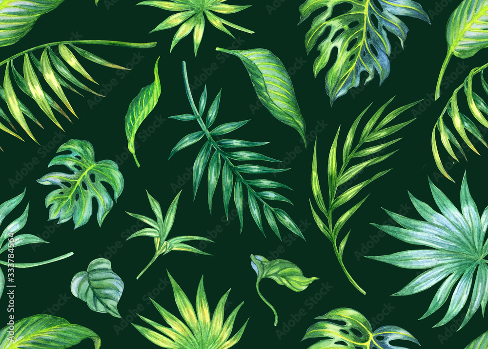 Seamless pattern of tropical leaves, watercolor drawing on a green background, print for fabric and other designs.