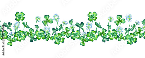 Seamless clover border  watercolor on a white background  print for fabric and other designs.