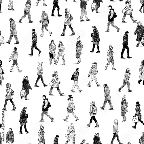 Seamless background of sketches casual city pedestrians walking along street