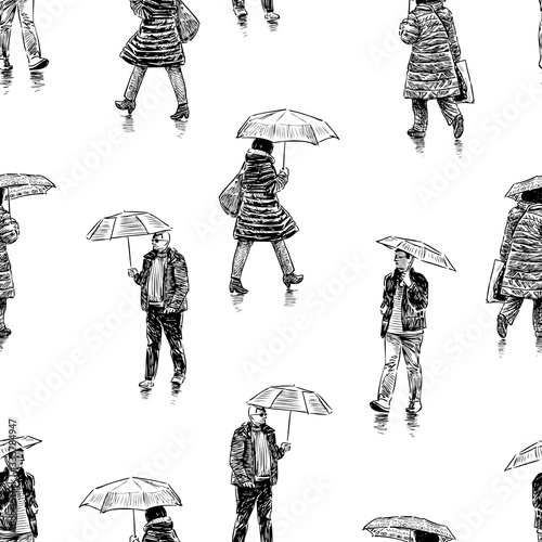 Seamless background of sketches citizens walking under umbrellas in rain