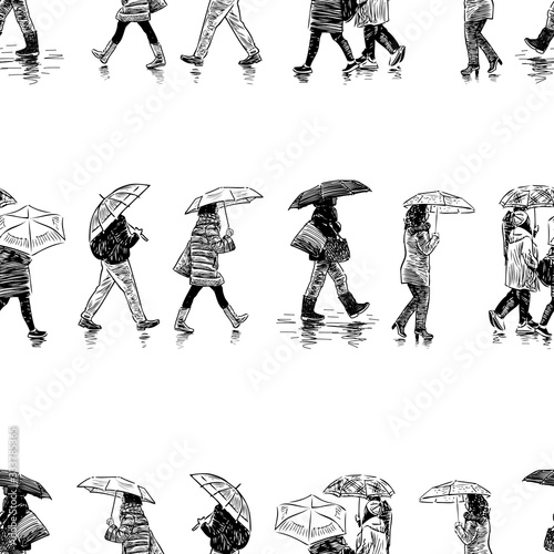 Seamless pattern of casual citizens walking under umbrellas in rain