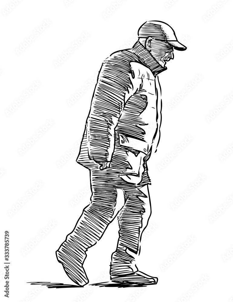 Sketch of senior man walking along city street Sketch of senior man walking along city street