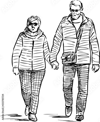 Sketch of happy elderly couple walking along street on sunny day together