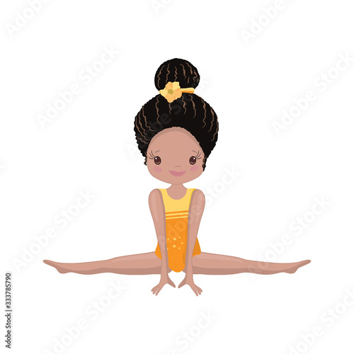 Clipart Cute African American Girl Gymnast Gym. Vector Illustration: Beautiful Cute Little Gymnast.