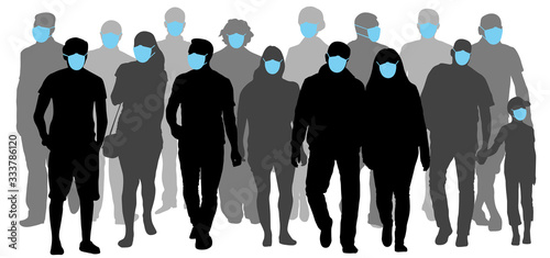 Group of people wearing medical masks to prevent disease flu. Contaminated air. Silhouette vector illustration