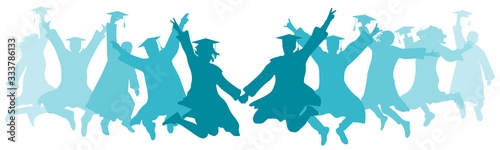 Students graduates jump, colorful silhouettes. Ceremony of graduation. Vector illustration