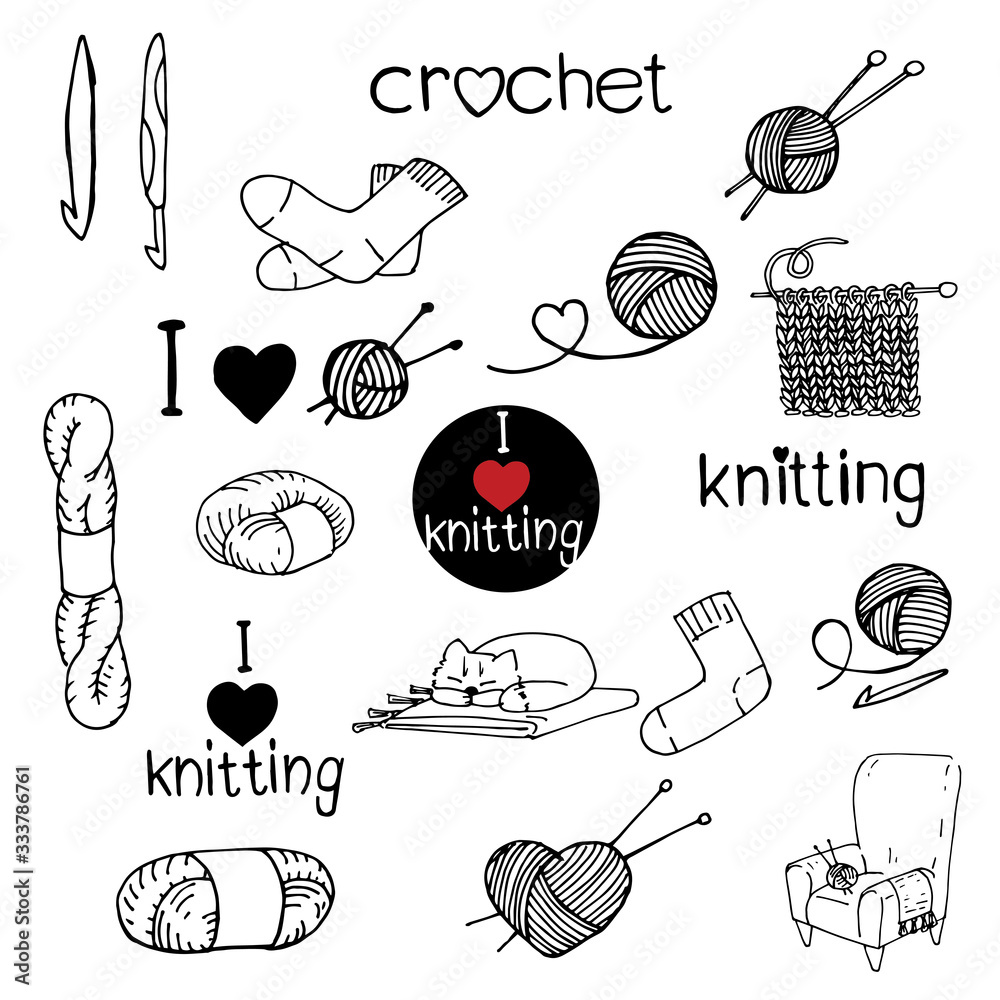 Vecteur Stock stock vector illustration drawing in doodle style. Set of  knitting and crochet elements. Icons I like to knit, balls of wool,  knitting needles and crochet hooks. cute graphic design elements